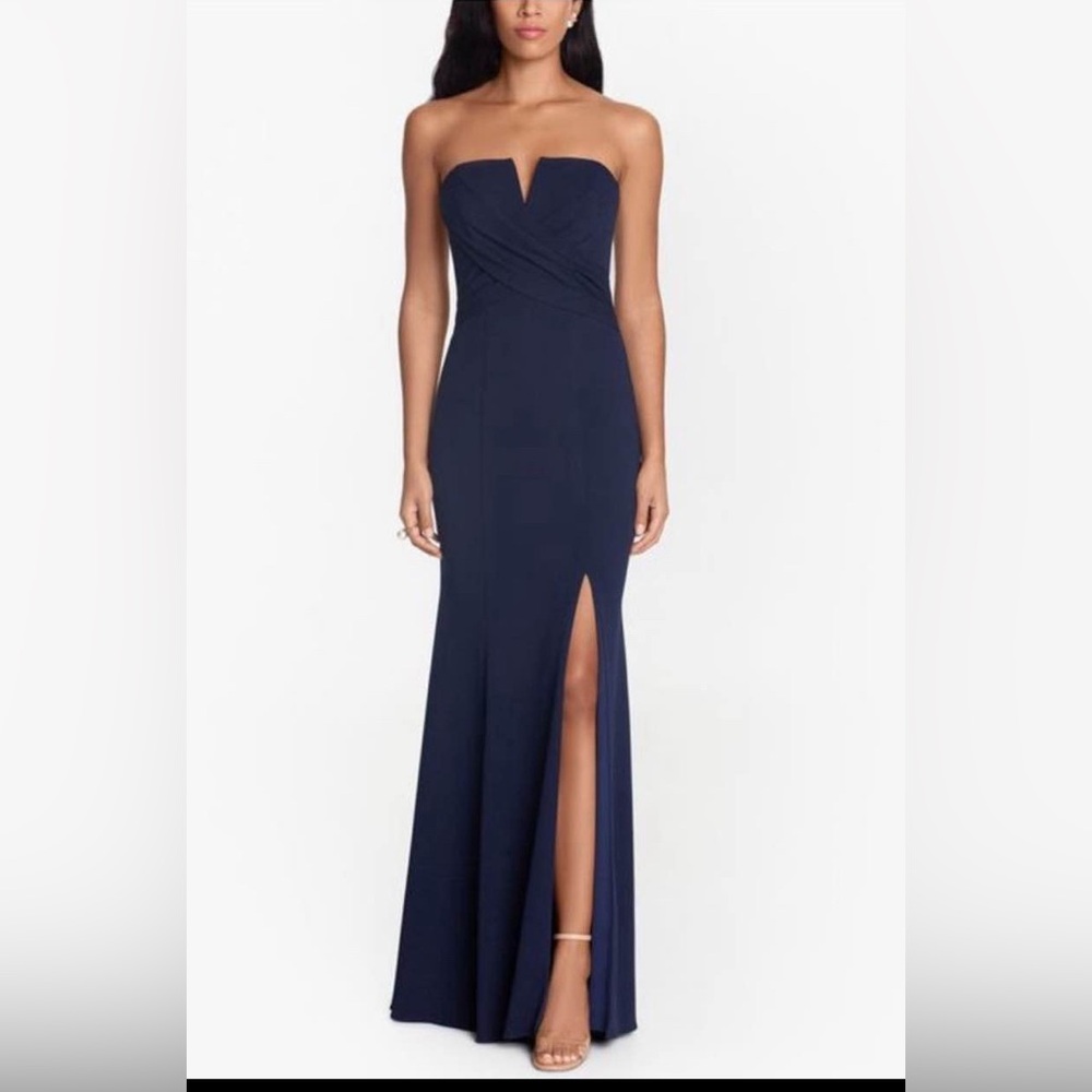 Xscape NWT Navy Blue Sleeveless Maxi Gown with Front Thigh Slit